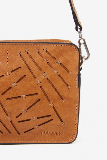 Women's small crossbody bag in cognac die-cut leather
