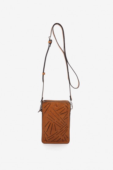 Mobile phone bag in cognac die-cut leather