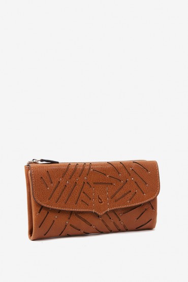 Women's large wallet in cognac die-cut leather