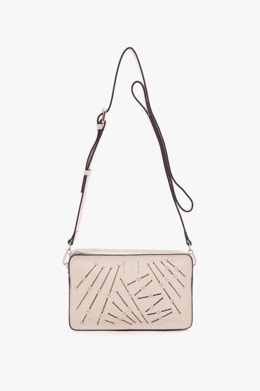 Women's small crossbody bag in beige die-cut leather