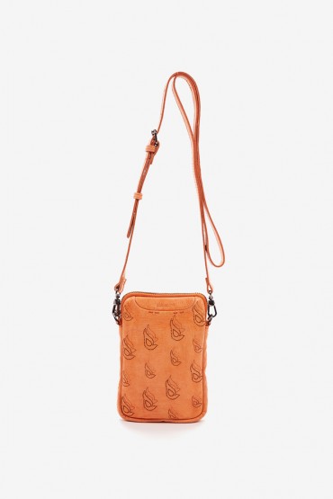 Mobile phone bag in orange die-cut leather