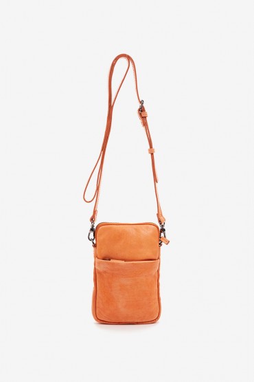 Mobile phone bag in orange die-cut leather