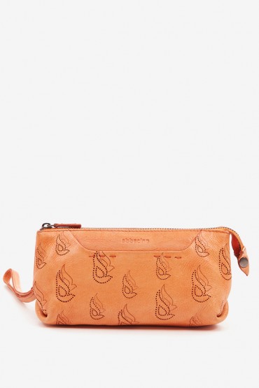 Cosmetic bag in orange die-cut leather