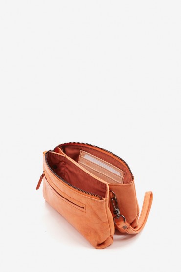 Cosmetic bag in orange die-cut leather