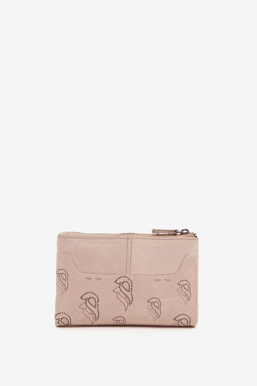 Women's medium wallet in beige die-cut leather