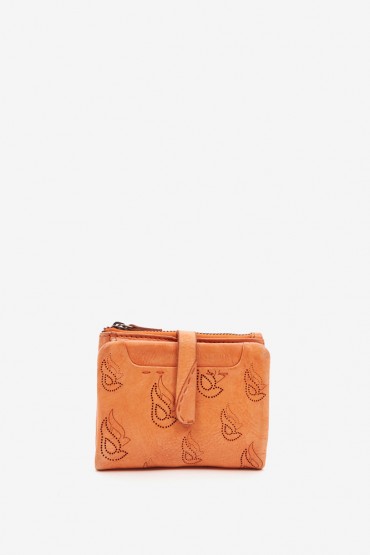 Women's small wallet in orange die-cut leather