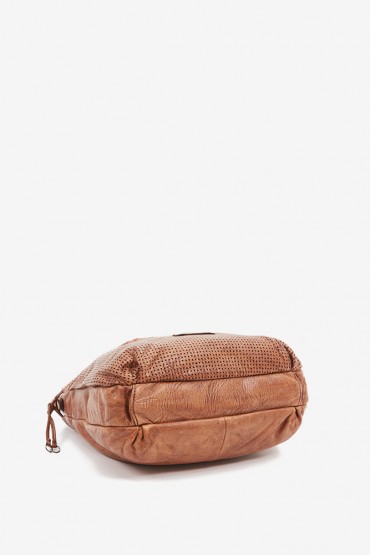 Women's hobo bag in cognac die-cut leather