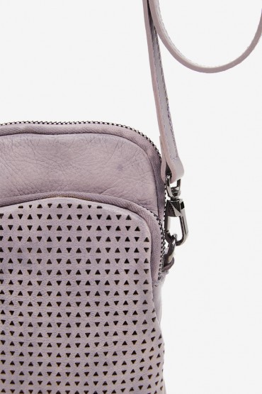 Mobile phone bag in lavender die-cut leather