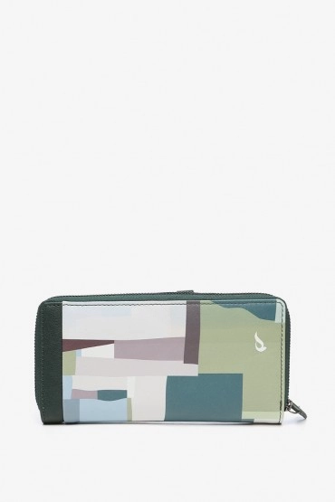 Green geometric print large leather wallet