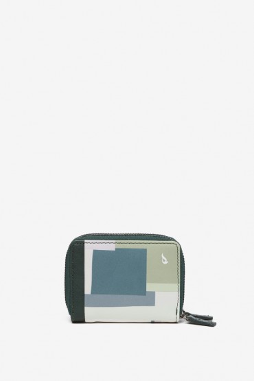 Green geometric print small leather wallet
