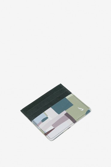 Green geometric print leather card holder