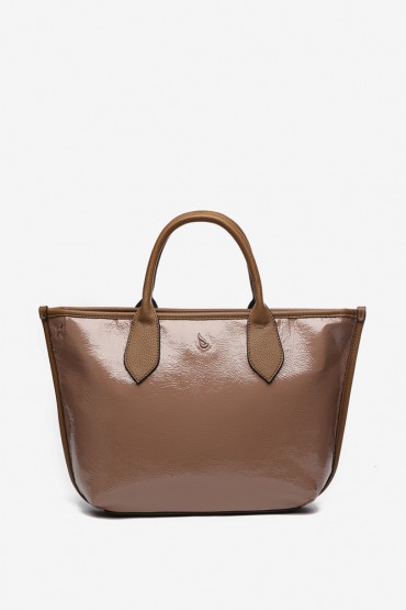 Taupe patent leather shopper bag