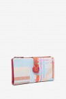 Large leather wallet with geometric print in fuchsia