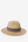 Women\'s straw fedora hat with beige ribbon