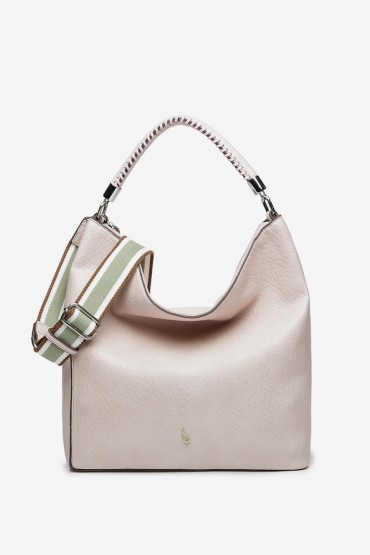 Pale pink hobo bag with textile shoulder strap