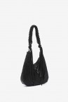 Black metallic mesh shoulder bag with tassels