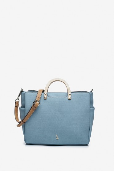 Light blue shopper bag with wooden handle