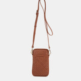 Braided leather mobile phone bag in cognac