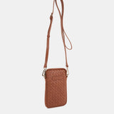 Braided leather mobile phone bag in cognac