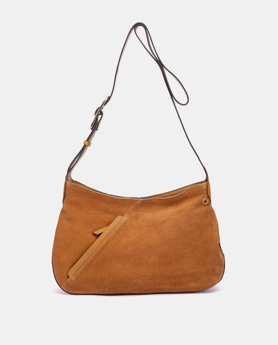 Bandolera en piel y serraje cognac en Abbacino
