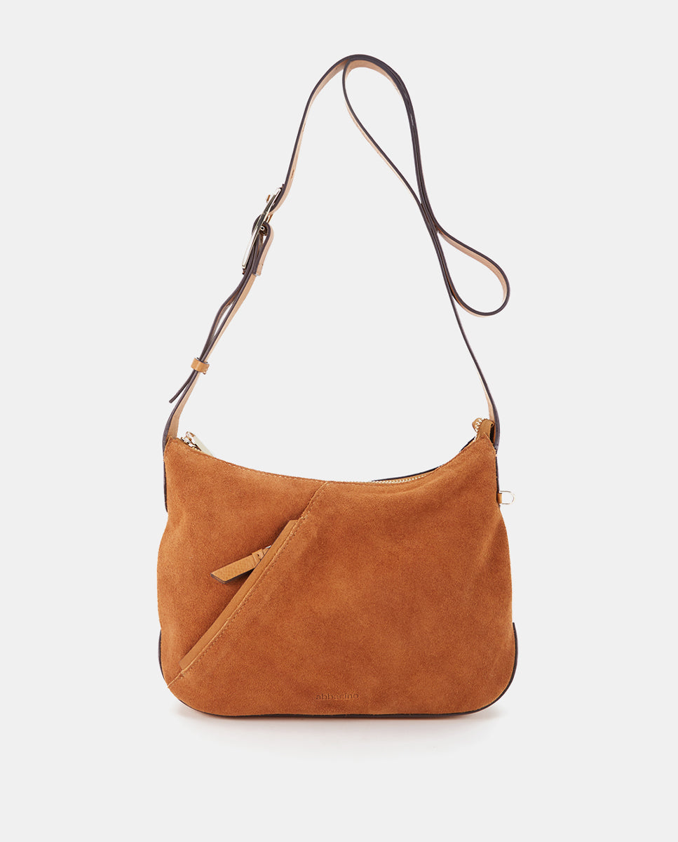Bandolera en piel y serraje cognac en Abbacino