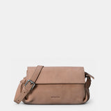 Beige leather crossbody bag.