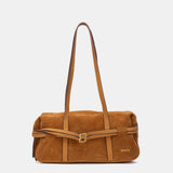 Schultertasche aus cognacfarbenem Rauleder.