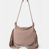 Bolso de hombro en piel con flecos beige