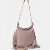 Bolso de hombro en piel con flecos beige