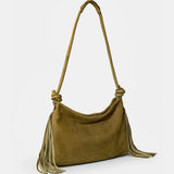 Grüner Schulterledertasche mit Fransen.