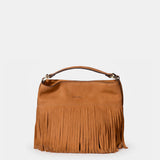 Handtasche aus Leder mit cognacfarbenen Fransen.