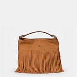 Handtasche aus Leder mit cognacfarbenen Fransen.