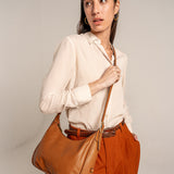 Cognac leather shoulder bag.