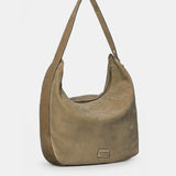 Taupe suede shoulder bag.