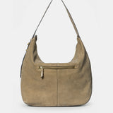 Taupe suede shoulder bag.