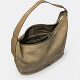 Taupe suede shoulder bag.