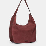 Burgundy suede shoulder bag.