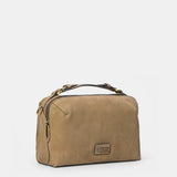 Taupe suede crossbody bag.