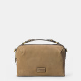 Taupe suede crossbody bag.