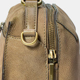 Taupe suede crossbody bag.