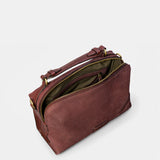 Burgundy suede crossbody bag.