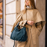 Blue suede shopper bag.