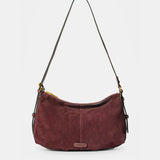 Burgundy suede shoulder bag.
