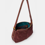 Burgundy suede shoulder bag.