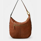 Schultertasche aus cognacfarbenem Veloursleder.