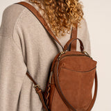 Cognac suede backpack.