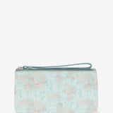 Women's leather toiletry bag with a turquoise marine print