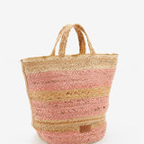 Medium women's basket in striped raffia in pink