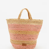 Medium women's basket in striped raffia in pink