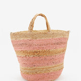 Medium women's basket in striped raffia in pink